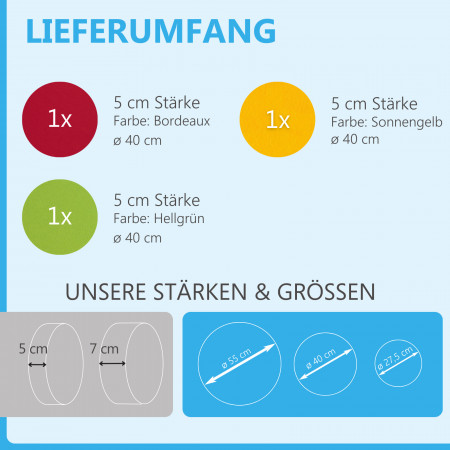 3 Akustik Schallabsorber aus Basotect ® G+ / Kreis Bordeaux + Sonnengelb + Hellgrün