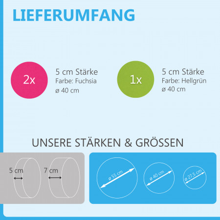 3 Akustik Schallabsorber aus Basotect ® G+ / Kreis Fuchsia + Hellgrün