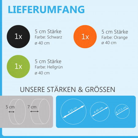 3 Akustik Schallabsorber aus Basotect ® G+ / Kreis Schwarz + Orange + Hellgrün