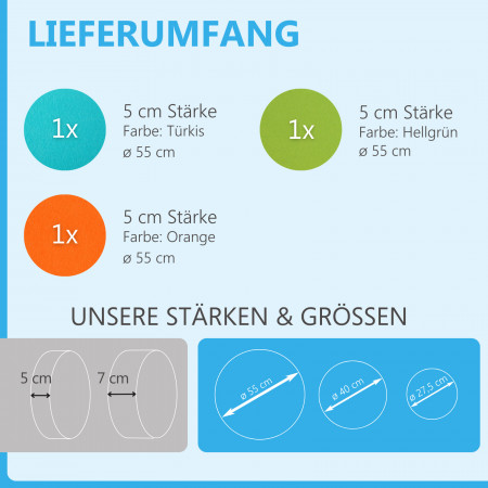3 Akustik Schallabsorber aus Basotect ® G+ / Kreis Türkis + Hellgrün + Orange