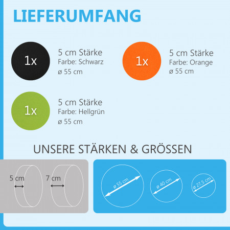 3 Akustik Schallabsorber aus Basotect ® G+ / Kreis Schwarz + Orange + Hellgrün