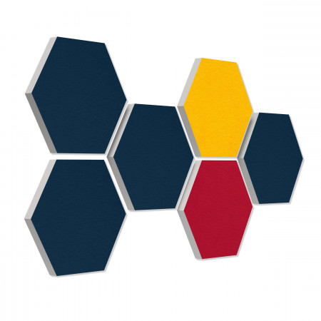 6 absorbers honeycomb form made of Basotect ® G+ each 300 x 300 x 30mm Colore NIGHT BLUE, SUNNY YELLOW and BORDEAUX