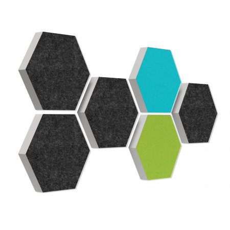 6 absorbers honeycomb form made of Basotect ® G+ each 300 x 300 x 30mm Colore ANTHRACITE, LIGHT GREEN and TURQUOISE