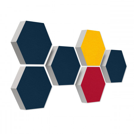 6 absorbers honeycomb form made of Basotect ® G+ each 300 x 300 x 70mm Colore NIGHT BLUE, SUNNY YELLOW and BORDEAUX