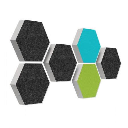 6 absorbers honeycomb form made of Basotect ® G+ each 300 x 300 x 70mm Colore ANTHRACITE, LIGHT GREEN and TURQUOISE