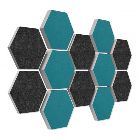 12 honeycomb absorbers made of Basotect ® G+ / Colore ANTHRACITE + PETROL BigPack / 4 each 300 x 300 x 30/50/70mm