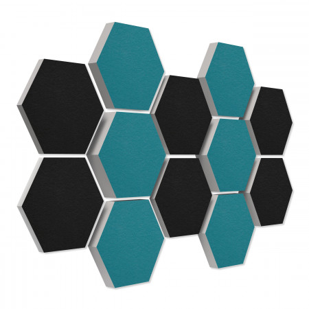 12 honeycomb absorbers made of Basotect ® G+ / Colore BLACK + PETROL BigPack / 4 each 300 x 300 x 30/50/70mm