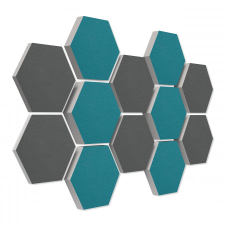 12 honeycomb absorbers made of Basotect ® G+ / Colore GRANITE GREY + PETROL BigPack / 4 each 300 x 300 x 30/50/70mm