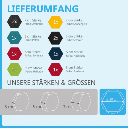 12 Absorber Wabenform aus Basotect ® G+ / Colore Multicolor 01 BigPack / je 4 Stück 30/50/70mm