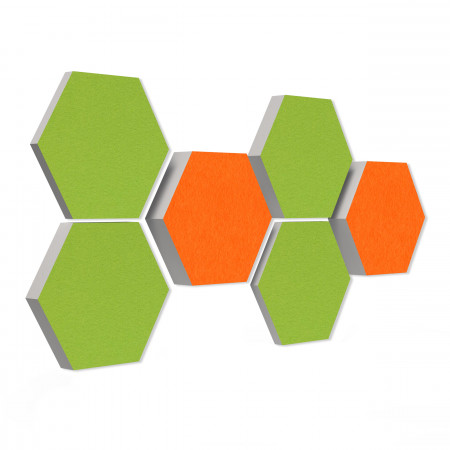 6 honeycomb absorbers made of Basotect ® G+ / Colore ORANGE + LIGHT GREEN / 2 each 300 x 300 x 30/50/70mm