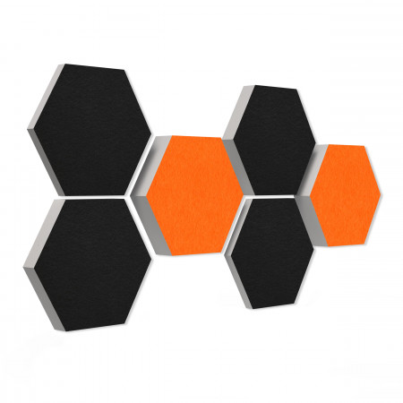 6 Absorber Wabenform aus Basotect ® G+ / Colore Orange + Schwarz / je 2 Stück 300 x 300 x 30/50/70mm