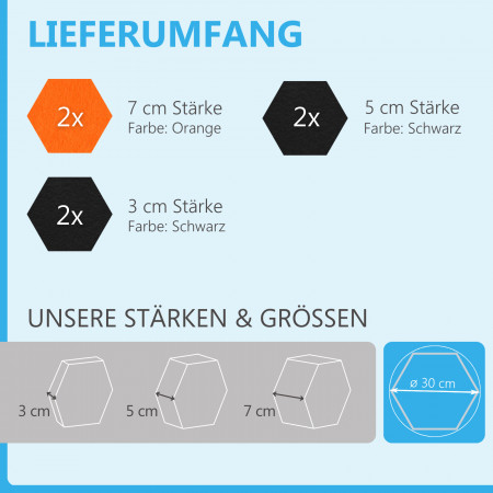 6 Absorber Wabenform aus Basotect ® G+ / Colore Orange + Schwarz / je 2 Stück 300 x 300 x 30/50/70mm