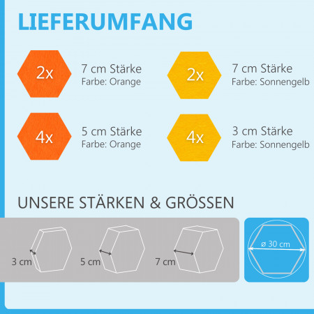 12 Absorber Wabenform aus Basotect ® G+ / Colore  BigPack / je 4 Stück 30/50/70mm Orange + Sonnengelb