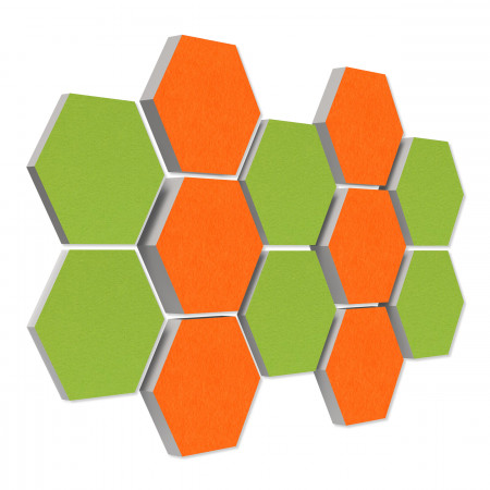 12 honeycomb absorbers made of Basotect ® G+ / Colore BigPack / 4 each 300 x 300 x 30/50/70mm Orange + Light Green