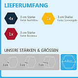 6 Absorber Wabenform aus Basotect ® G+ je 300 x 300 x 30mm &quote;Colore&quote; NACHTBLAU, SONNENGELB und BORDEAUX
