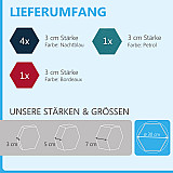 6 Absorber Wabenform aus Basotect ® G+ je 300 x 300 x 30mm &quote;Colore&quote; NACHTBLAU, PETROL und BORDEAUX