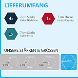 6 absorbers honeycomb form made of Basotect ® G+ each 300 x 300 x 70mm &quote;Colore&quote; DARK BLUE, PETROL and BORDEAUX