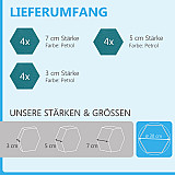 12 Absorber Wabenform aus Basotect ® G+ / &quote;Colore&quote; PETROL BigPack / je 4 Stück 30/50/70mm
