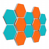 12 honeycomb absorbers made of Basotect ® G+ / &quote;Colore&quote; BigPack / 4 each 300 x 300 x 30/50/70mm orange + turquoise