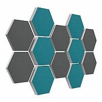 12 honeycomb absorbers made of Basotect ® G+ / Colore GRANITE GREY + PETROL BigPack / 4 each 300 x 300 x 30/50/70mm